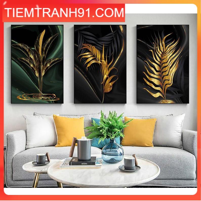 Tranh treo tường | Tranh bộ 3 bức trừu tượng Luxury black &amp; gold Leaves Painting Wall Art printable