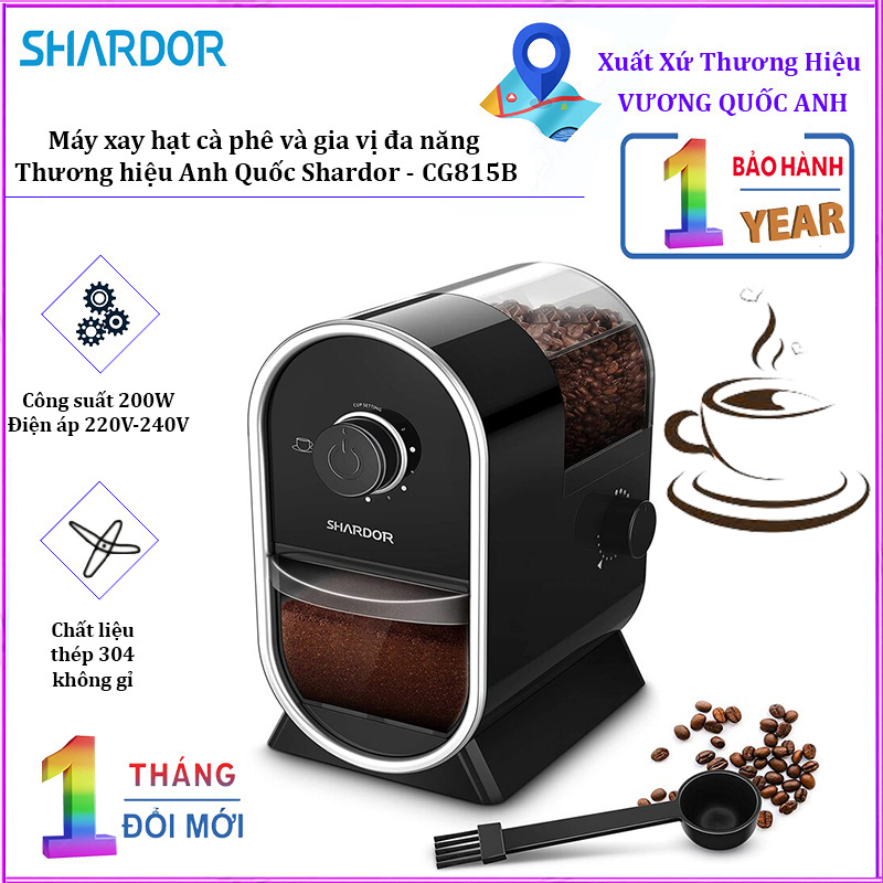 Máy xay hạt cà phê cao cấp Shardor CG815B, định lượng cà phê bột tối đa 12 tách - Công suất 100W - Bảo hành 12 tháng