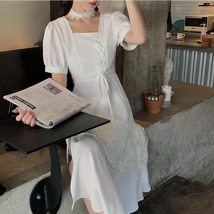 Váy cổ vuông tay dài