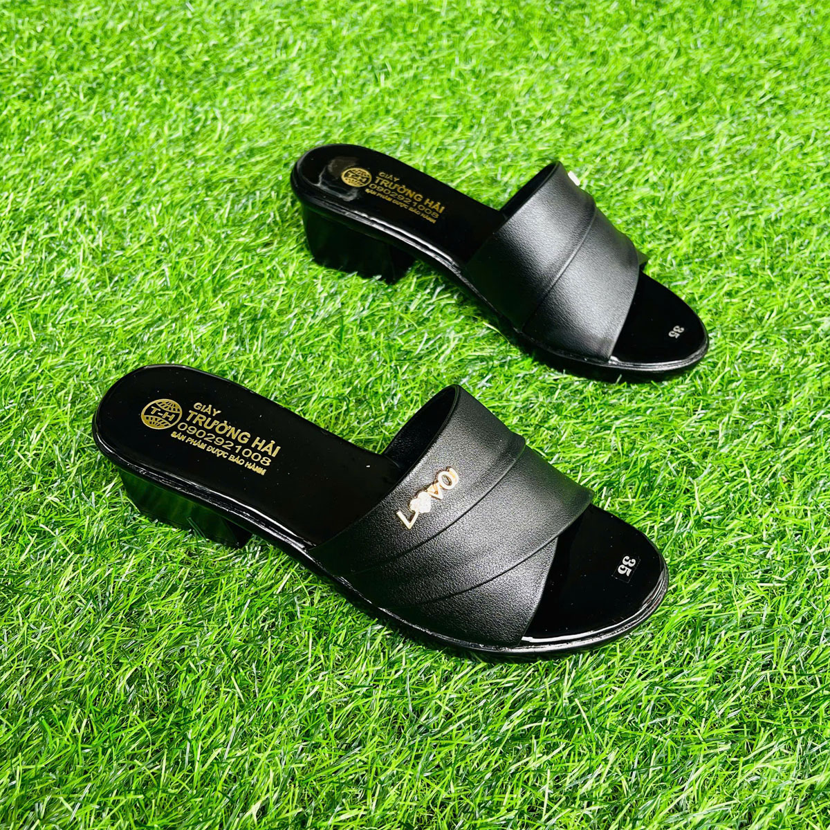 Dép nữ cao gót 3cm da mềm Trường Hải 2 màu den, kem đế PU nhẹ DN125
