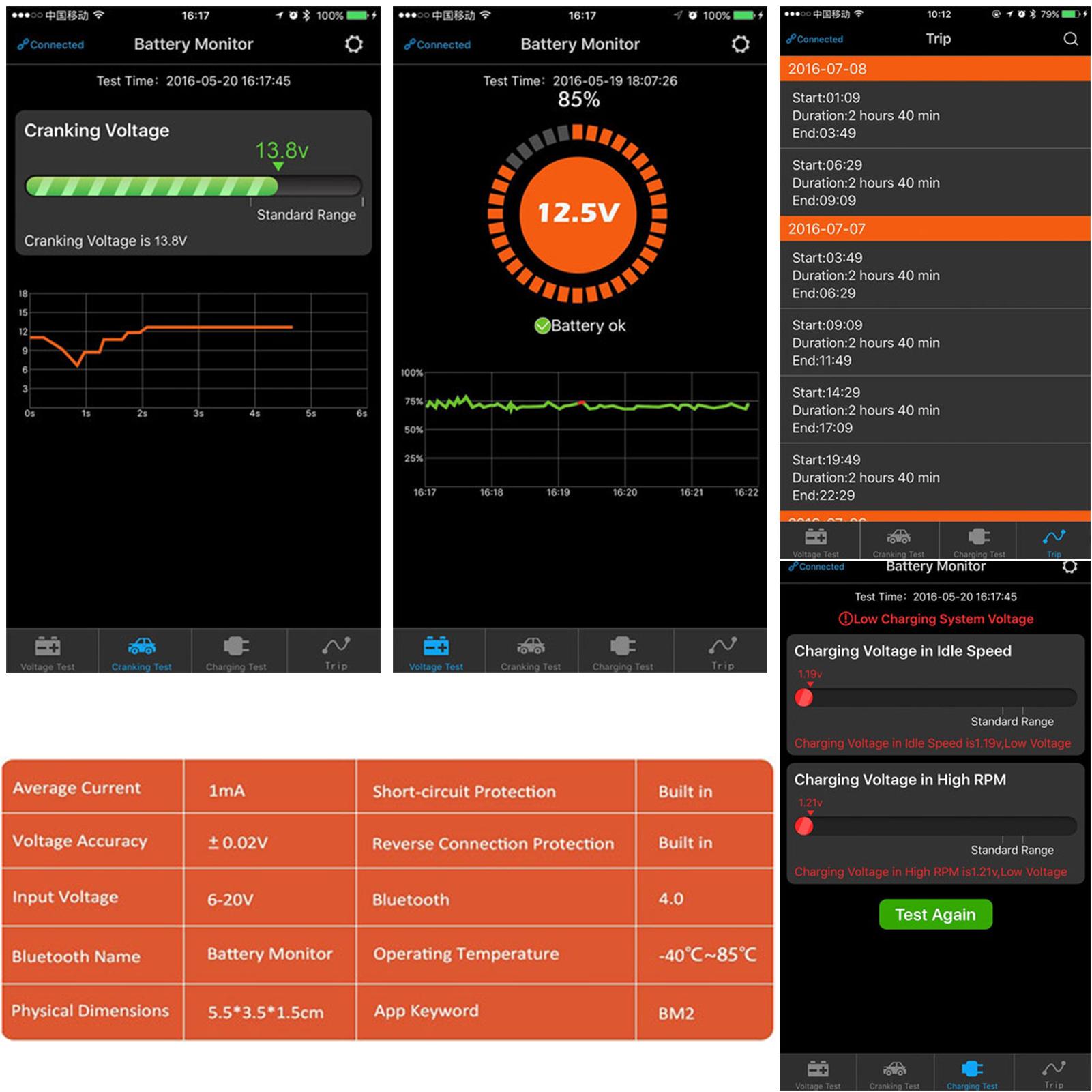 BT4.0 6~20V Input Voltage Battery Monitor Automobile Battery Monitor Tool Diagnostic Tools Connect Smartphone APP for 12