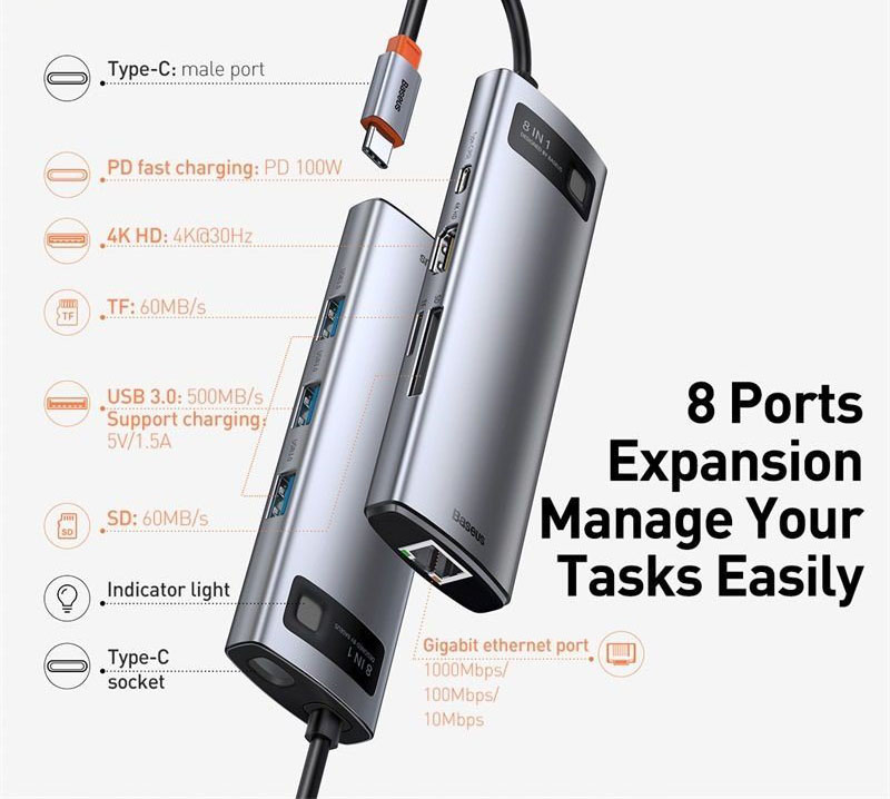 Hub chuyển đa năng Baseus 8-in-1 Metal Gleam Series Multifunctional Docking Station - Hàng Chính Hãng