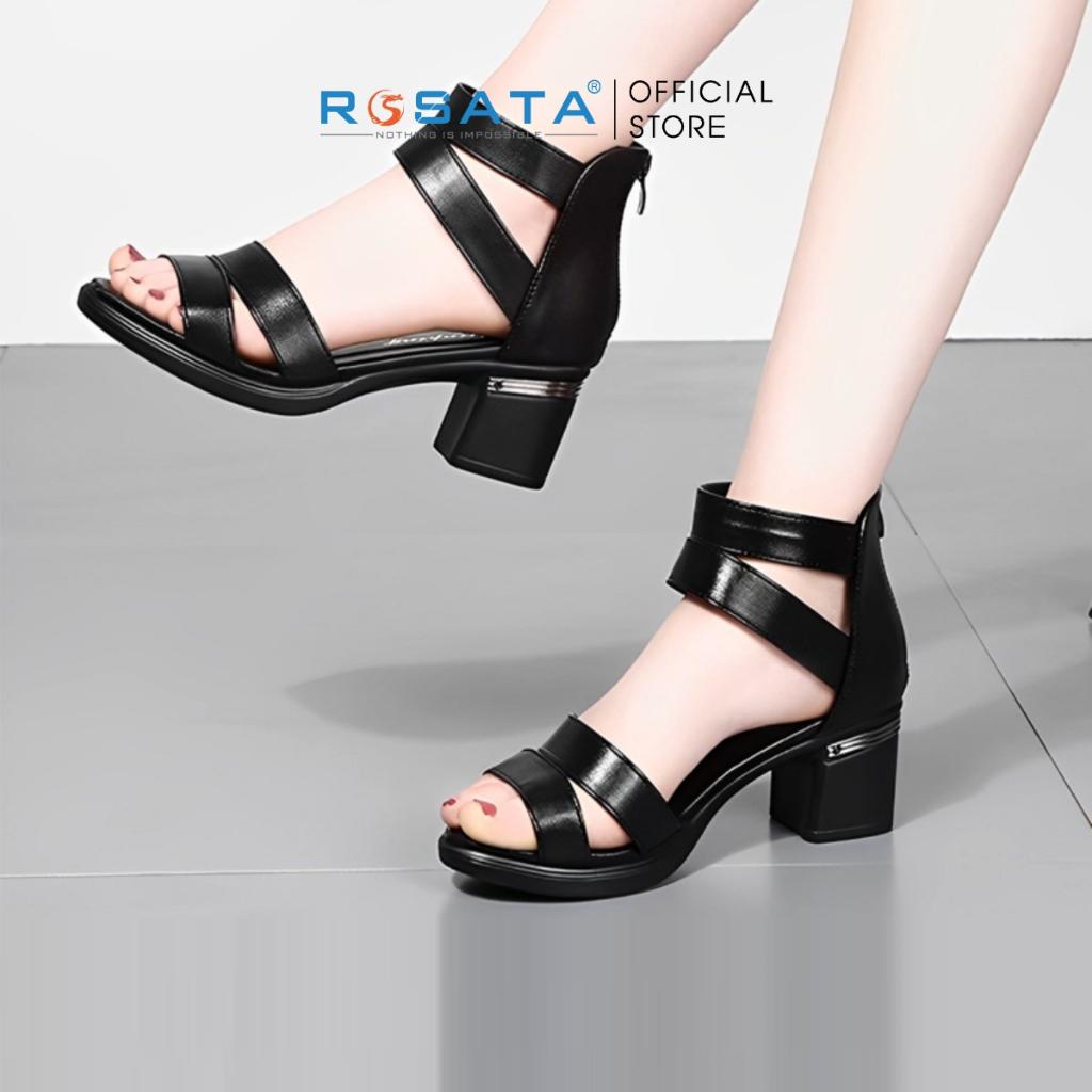 Giày sandal nữ ROSATA RO557 gót cao 5cm xỏ ngón mũi tròn quai hậu khóa kéo màu đen xuất xứ Việt Nam - ĐEN