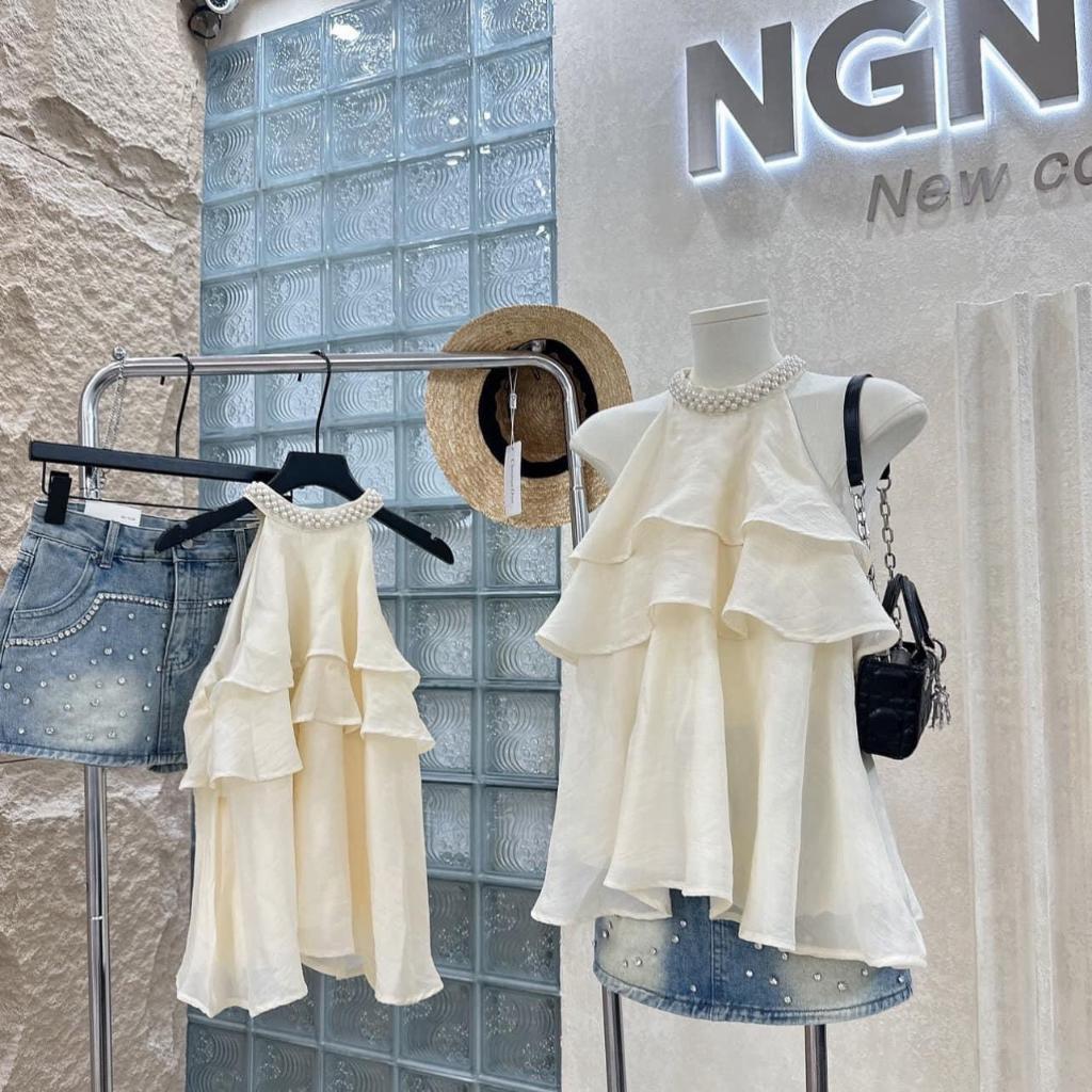 Áo kiểu, Áo yếm, áo cổ yếm đính ngọc tơ đũi xếp tầng xòe phong cách Trendy Clothing D8