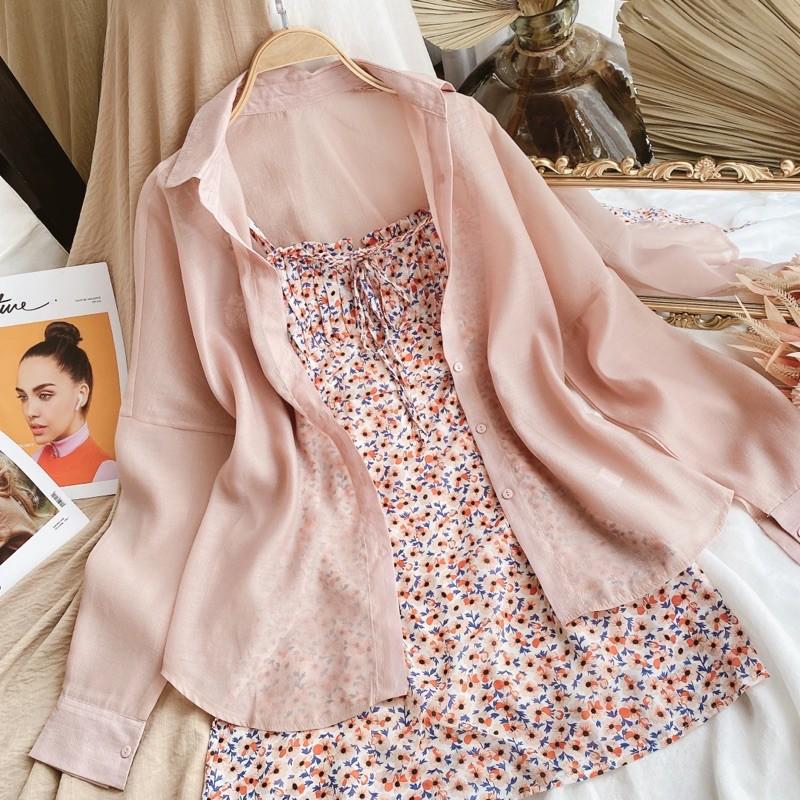 SET ĐẦM HOA nơ dây KHOÁC SƠMI HỒNG TƠ