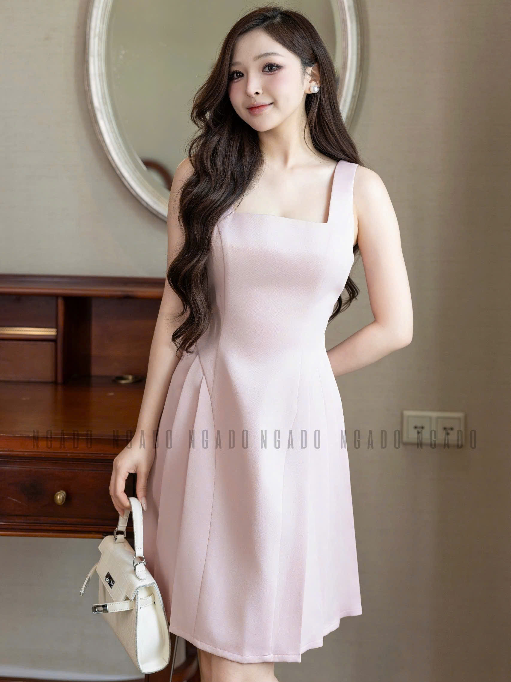 Đầm hồng cổ vuông xếp ly NGADO , đầm xếp ly , đầm dự tiệc , công sở