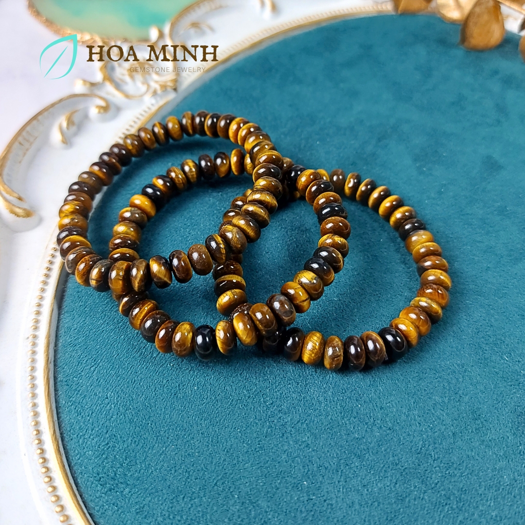 Vòng tay đá Mắt Hổ vàng nâu kiểu bánh xe size 8 li phong thủy tài lộc may mắn