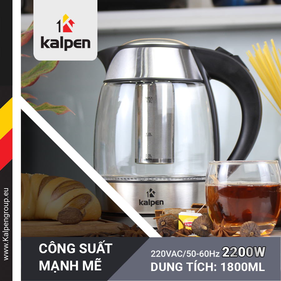 ẤM  ĐUN NƯỚC SIÊU TỐC THỦY TINH KALPEN KK66, HÀNG CHÍNH HÃNG