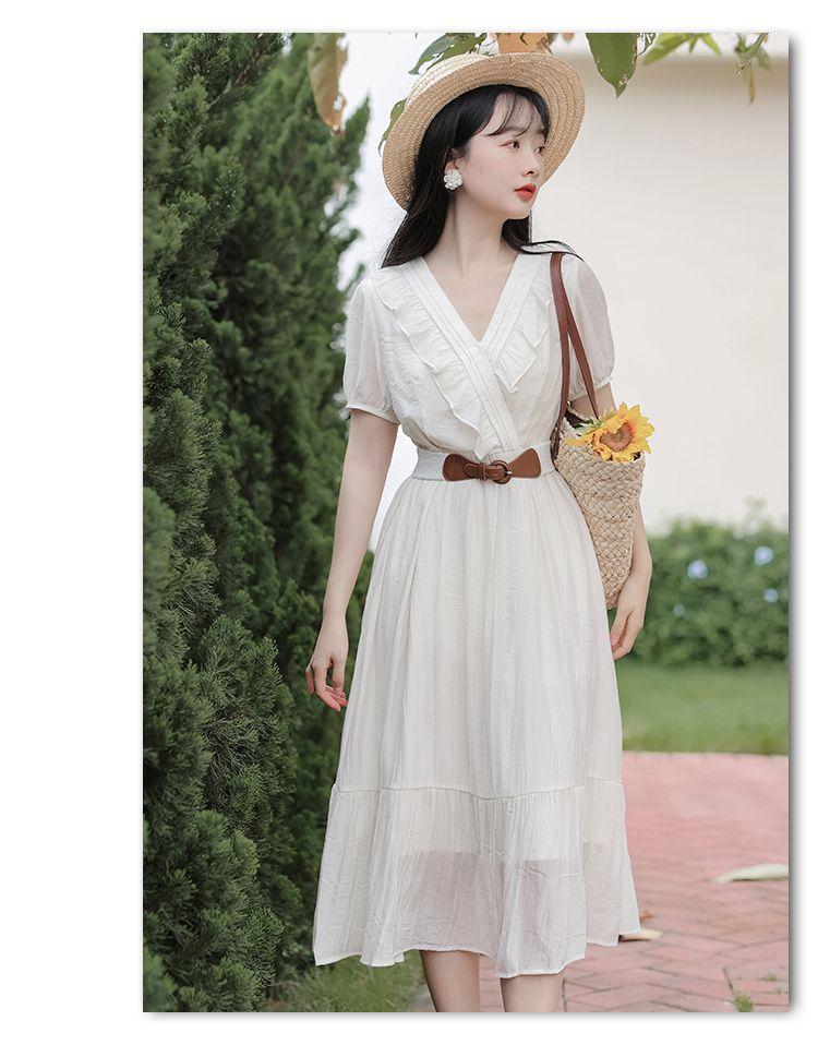 TOBE1SHOP Mùa hè ngắn tay áo v cổ đầm phụ nữ mùa hè ăn mặc 2023 Pháp hiển thị gầy eo đầm dài