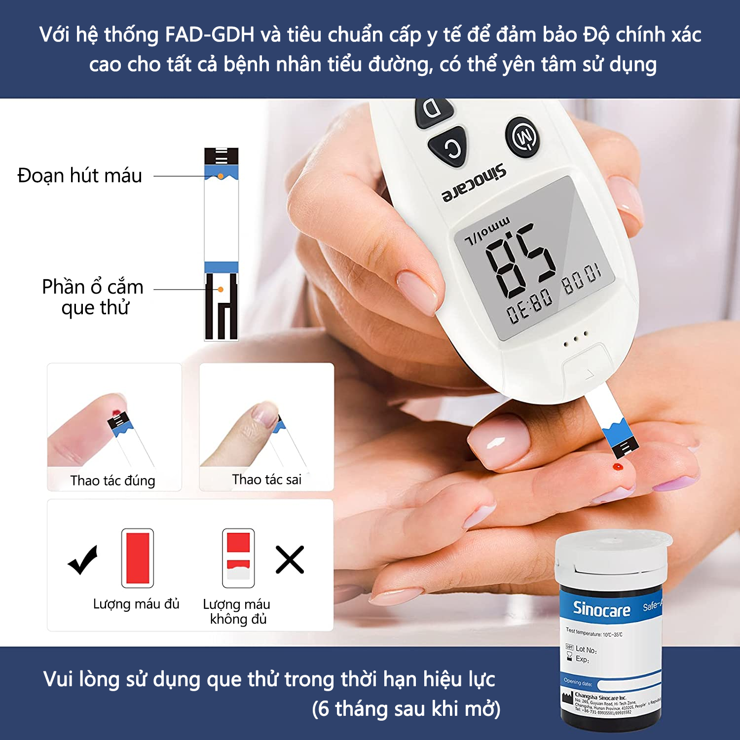 Que Thử Đường Huyết Safe Accu Sinocare (Hộp 25 Que)