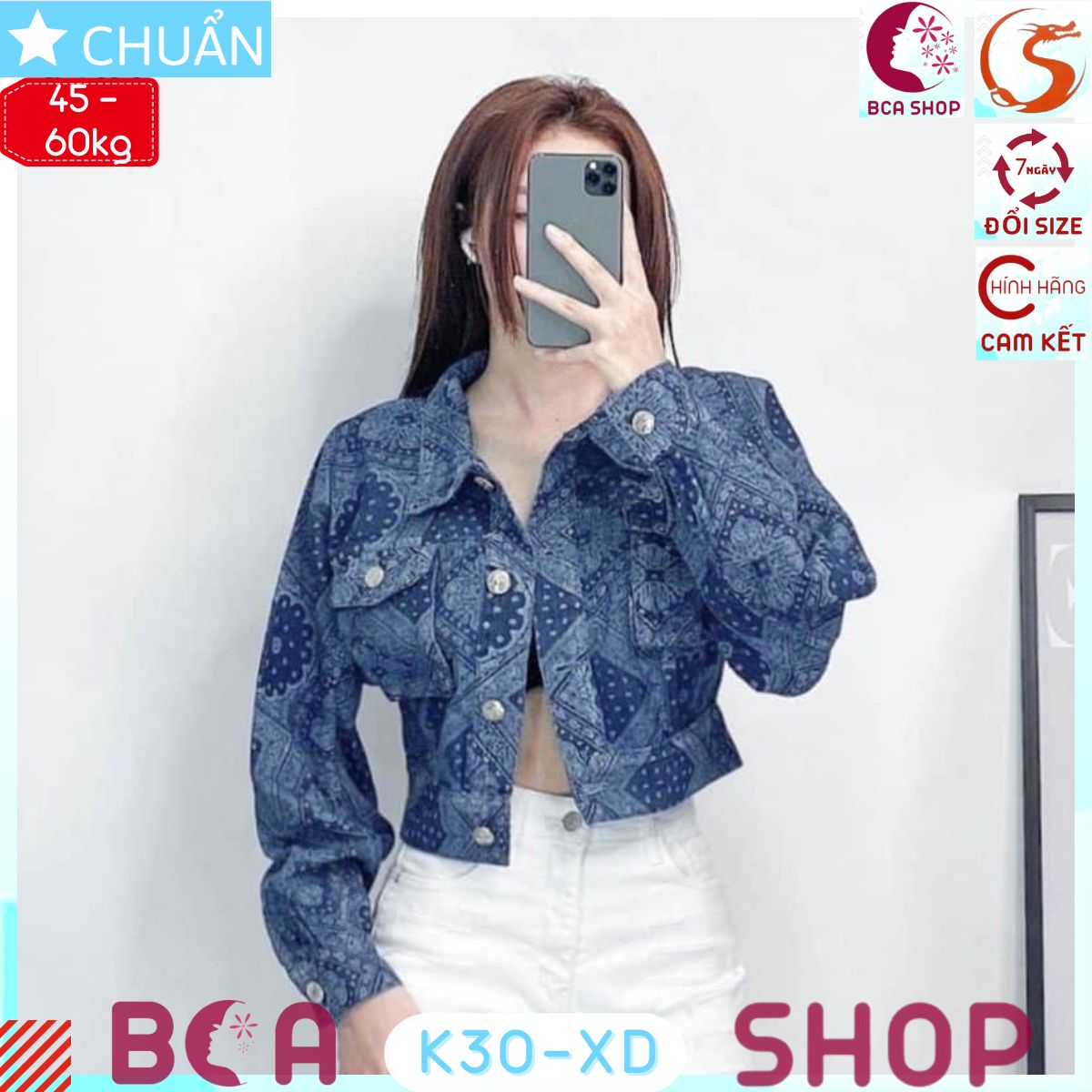 Áo khoác jeans nữ lửng cao cấp K30 xanh đậm ROSATA tại BCASHOP kiểu dáng croptop, họa tiết đẹp mắt và thời trang