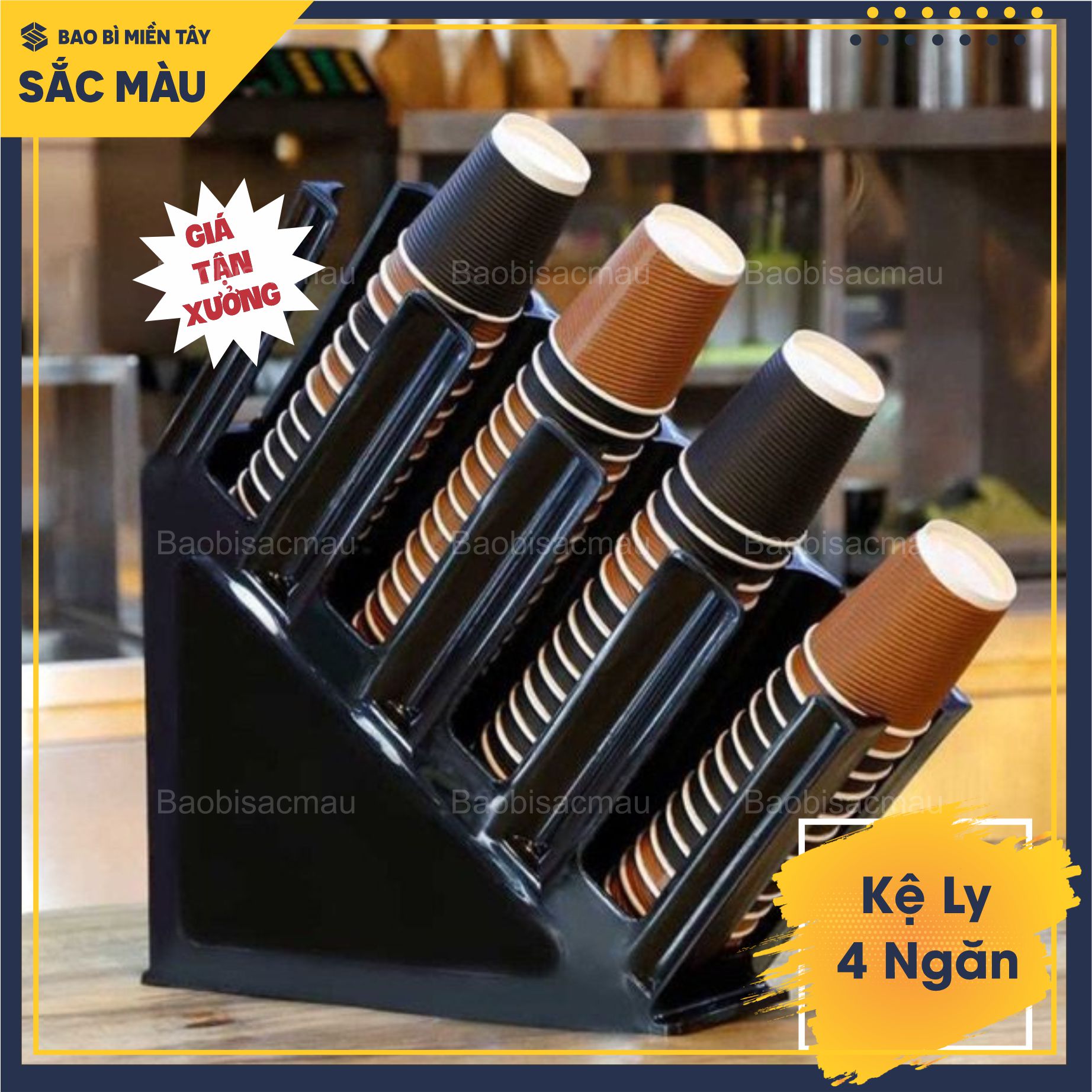 Kệ đựng ly/cốc nhựa màu đen 4 ngăn