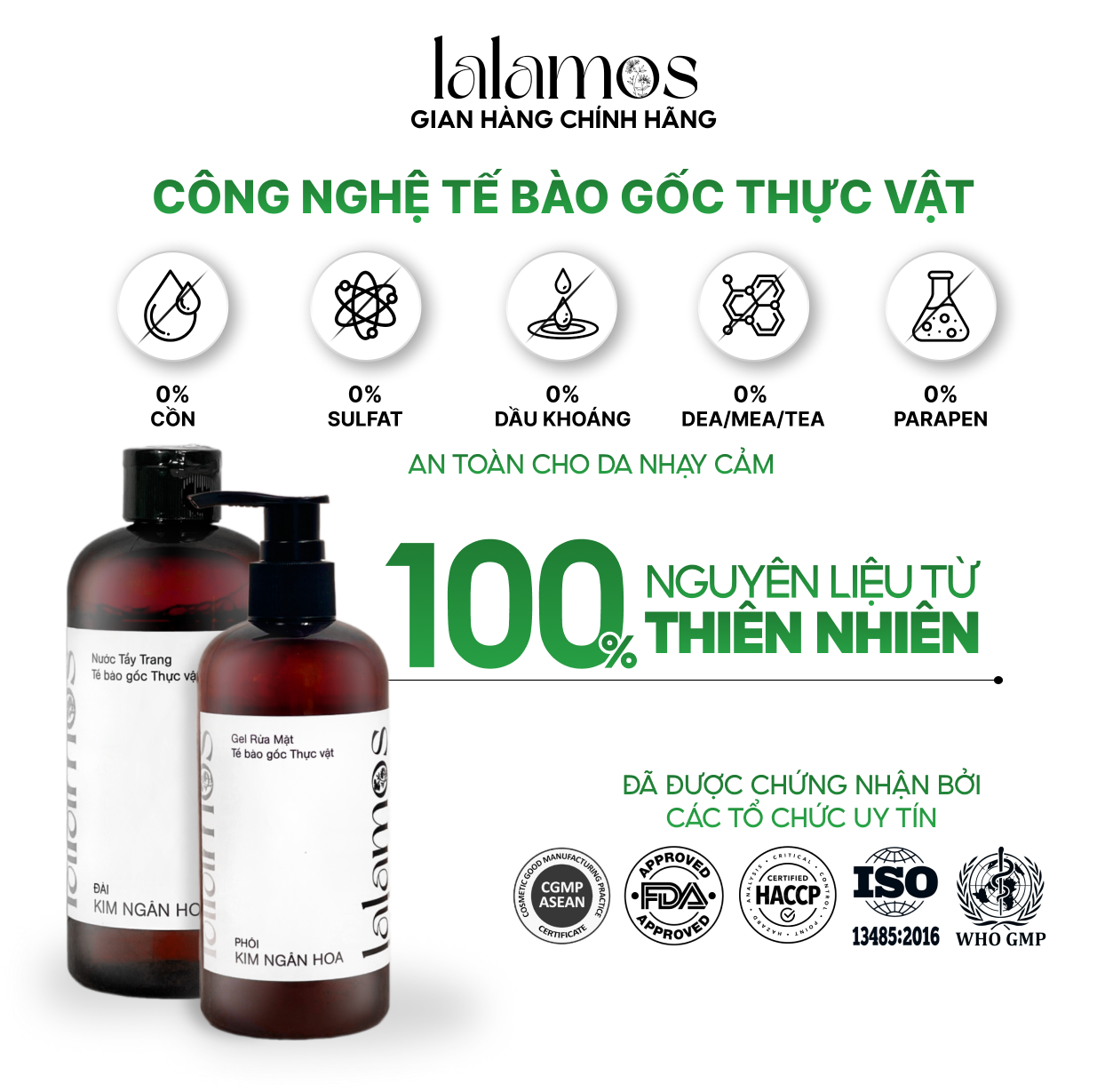 Combo sạch da Lalamos Nước tẩy trang Đài Kim Ngân Hoa 280ml + Sữa rửa mặt Phôi Kim Ngân Hoa 280ml