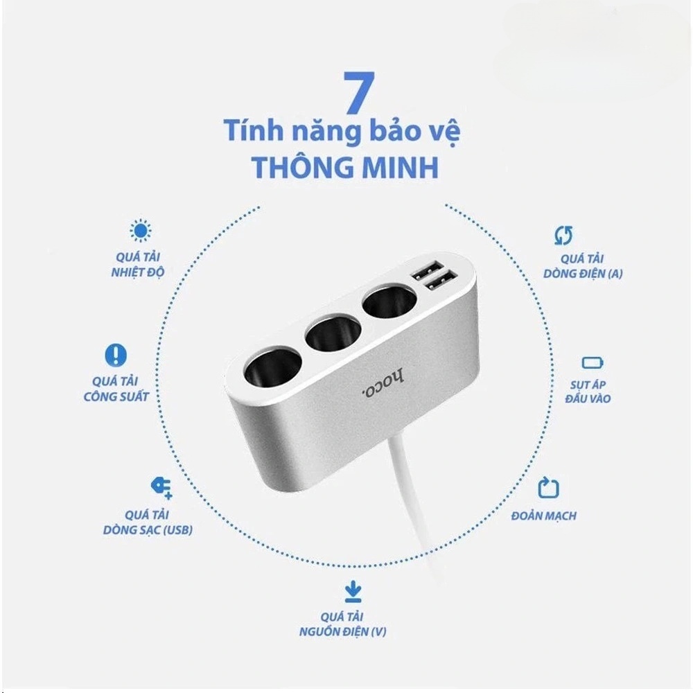 Bộ chia tẩu sạc xe hơi Hoco Z13 ra 3 Tẩu Sạc, 2 Cổng Sạc USB giúp sạc được nhiều thiết bị - Hàng chính hãng