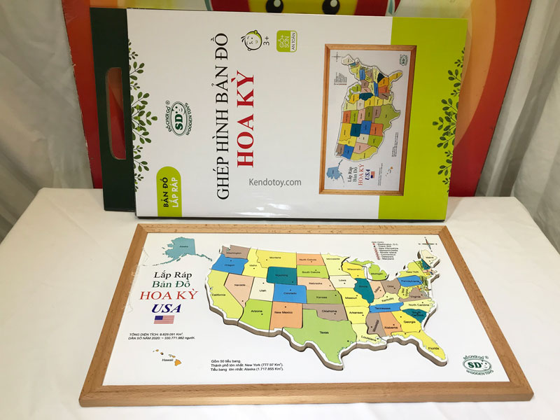 Tranh ghép hình nước Mỹ bằng gỗ 36 mảnh cho bé chơi logic tư duy và trí nhớ, các tiểu bang Hoa Kỳ USA map