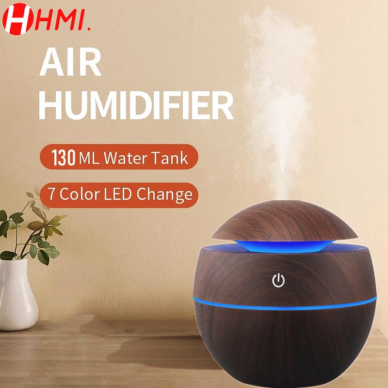 130ML USB Máy Tạo Độ Ẩm Không Khí Điện Máy Khuếch Tán Tinh Dầu Phun Sương Vân Gỗ Xông Tinh Dầu Mini Có 7 Đèn LED Dành Cho Xe Hơi văn Phòng Nhà