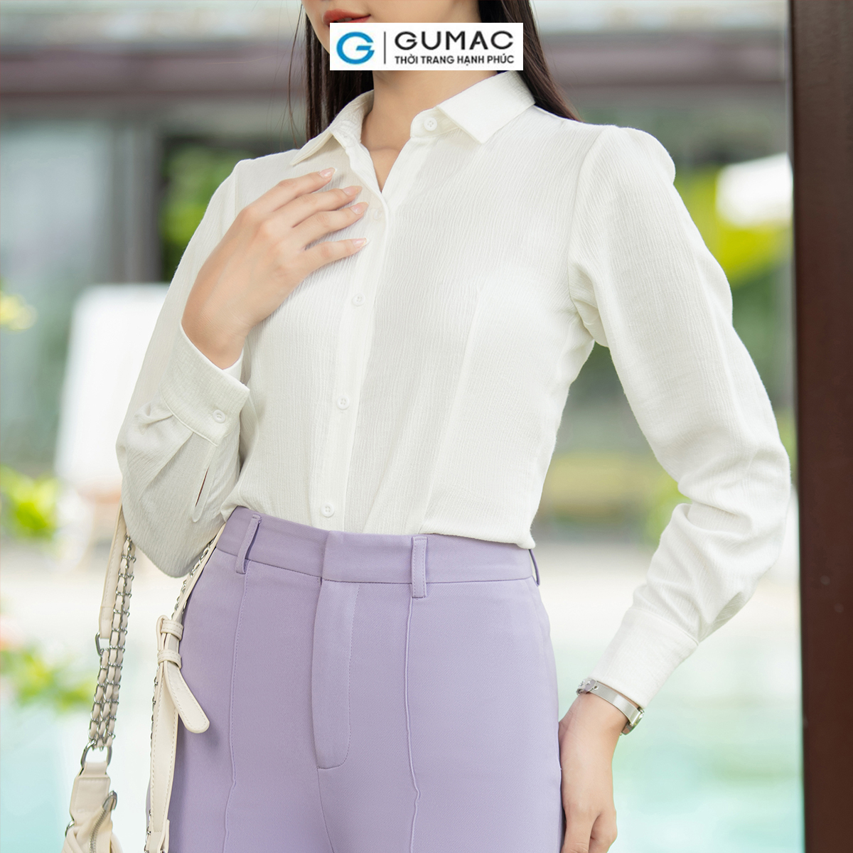 Áo sơ mi nữ slim tay dài vải ánh gân công sở thanh lịch thời trang GUMAC AD07046
