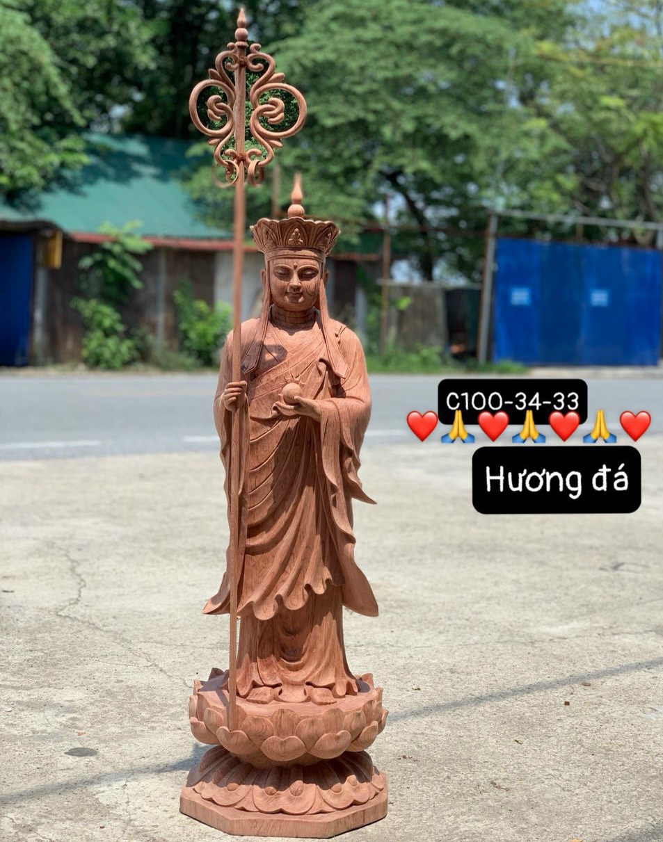 Tượng phật địa tạng vương bồ tát bằng gỗ hương đá liền khối đẹp long lanh kt cao 100m×34×33cm