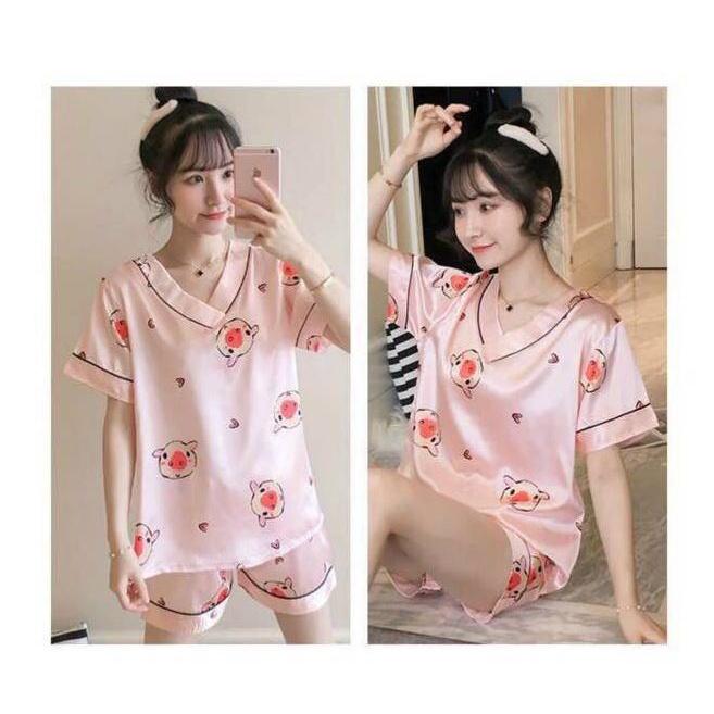 Đồ bộ lụa mặc nhà ngắn cổ V dễ thương Bộ pyjama ngắn siêu xinh