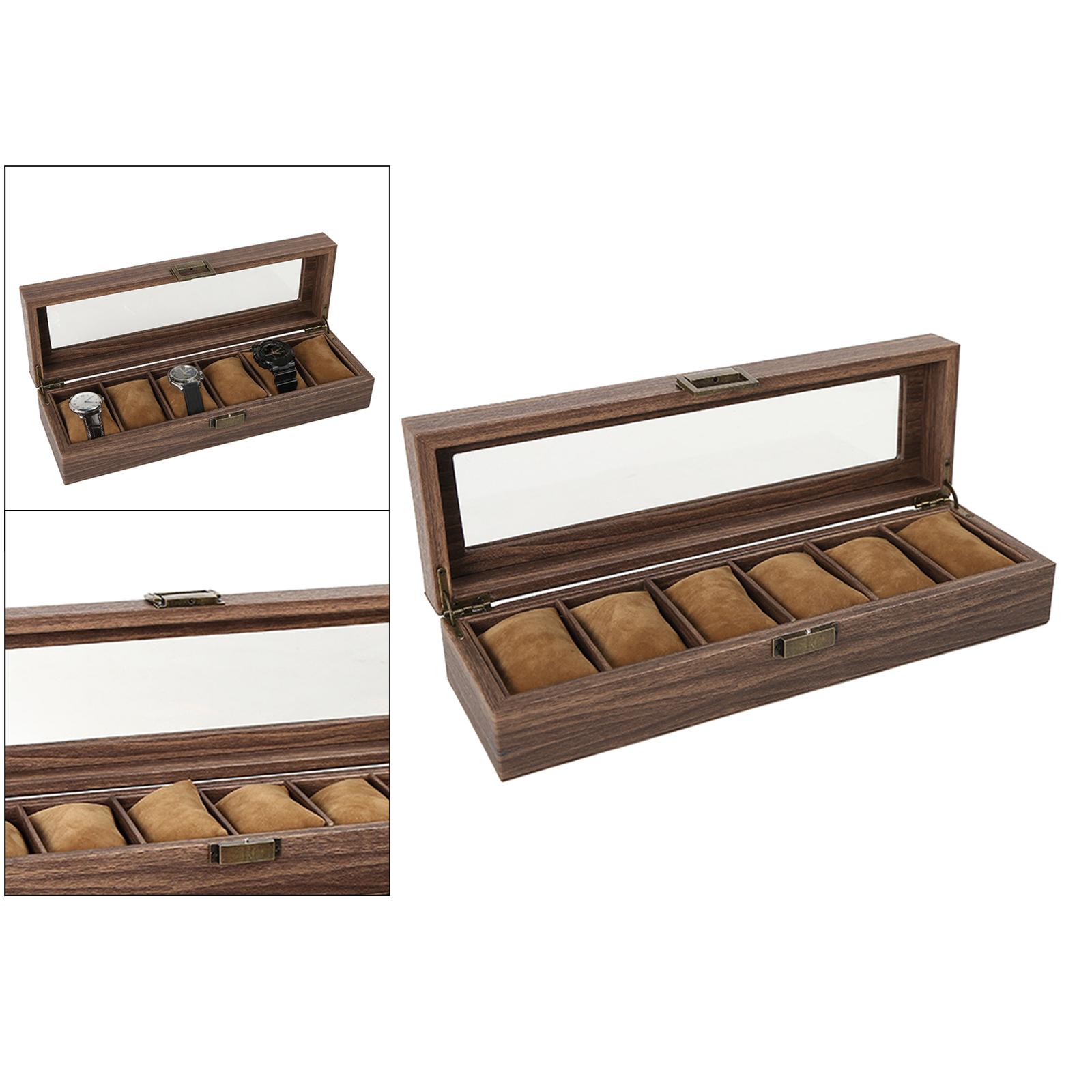 Luxury Wooden Watch Box Men Jewelry Rings Case Organizer Glass Top 6 Grid