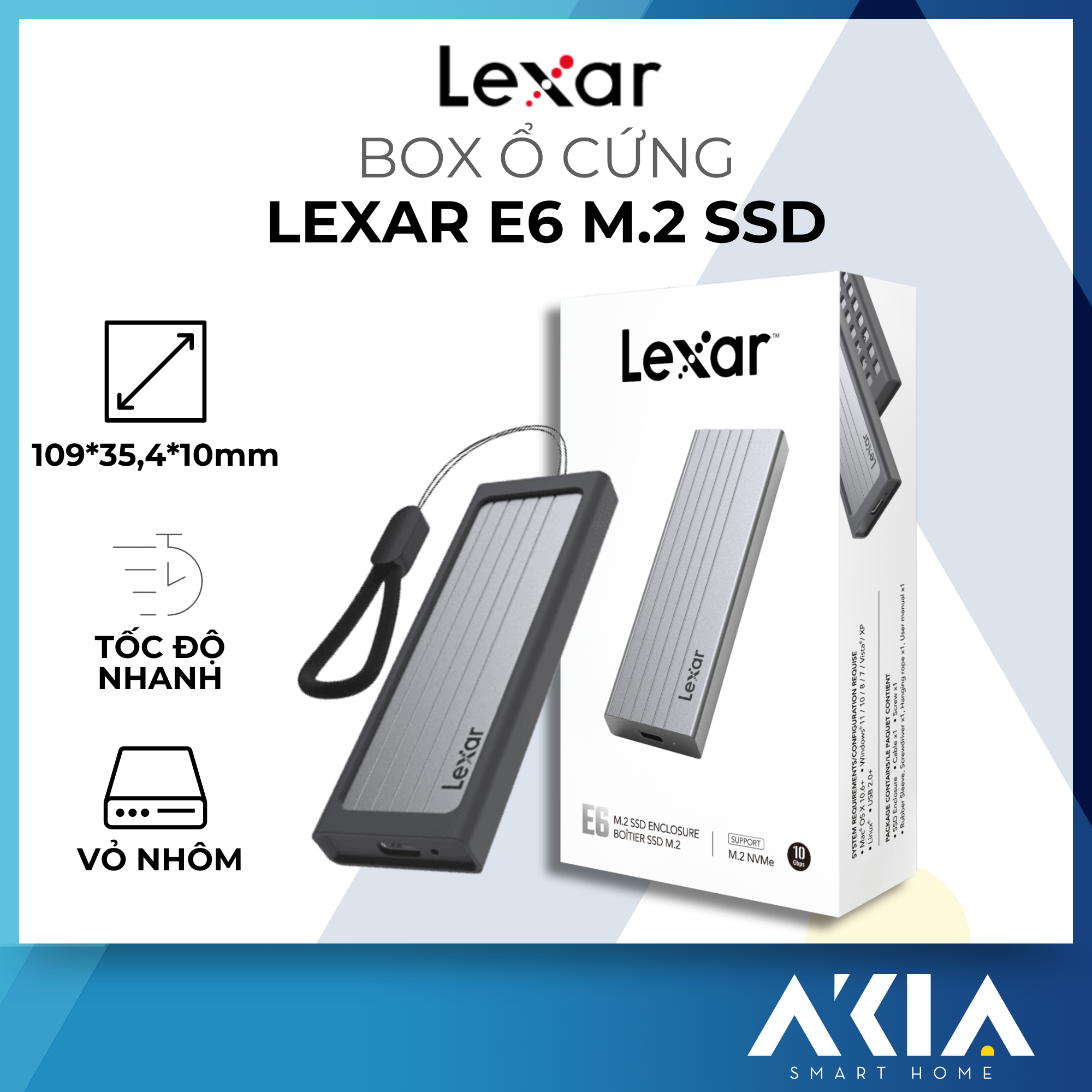 Box ổ cứng SSD Lexar E6 M.2 Enclosure hỗ trợ USB 3.2 Gen 2 M.2, Tốc độ cao 10Gbps, Bảo hành 12 tháng - Hàng chính hãng