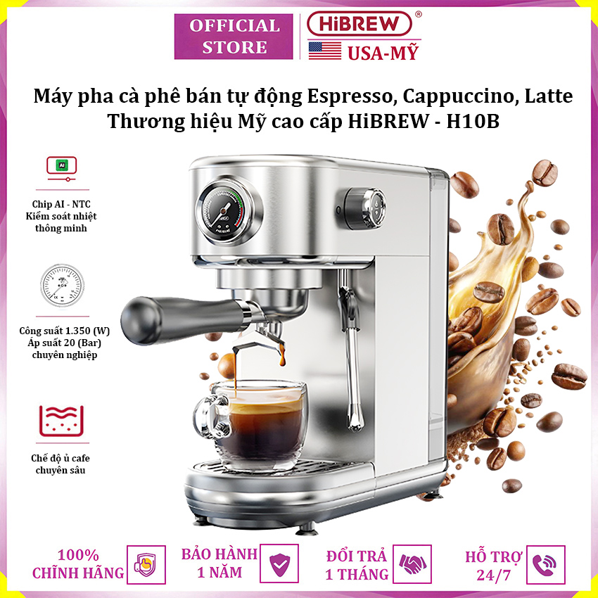 Máy pha cà phê bán tự động Espresso, Cappuccino, Latte thương hiệu Mỹ cao cấp HiBREW H10B - Hàng Nhập Khẩu