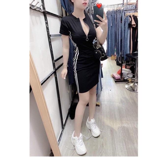 Đầm body phối sọc hai bên