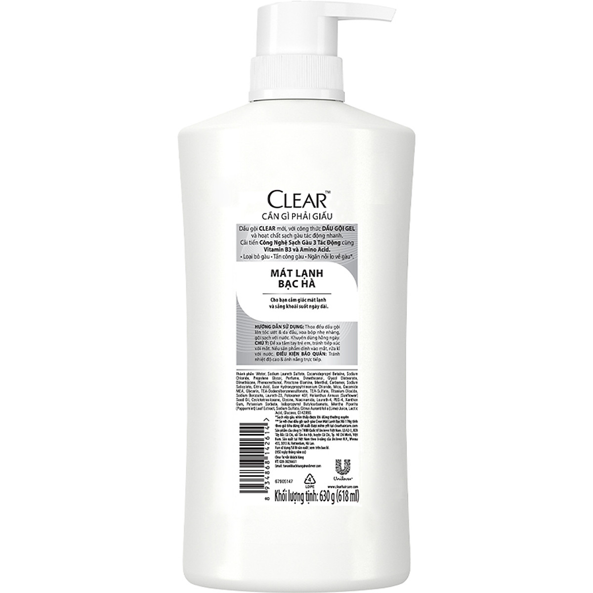 Dầu Gội 630g Clear Sạch Gàu Mát Lạnh Bạc Hà 3X Sức Mạnh Đánh Bay Gàu, Ngứa, Vi Khuẩn