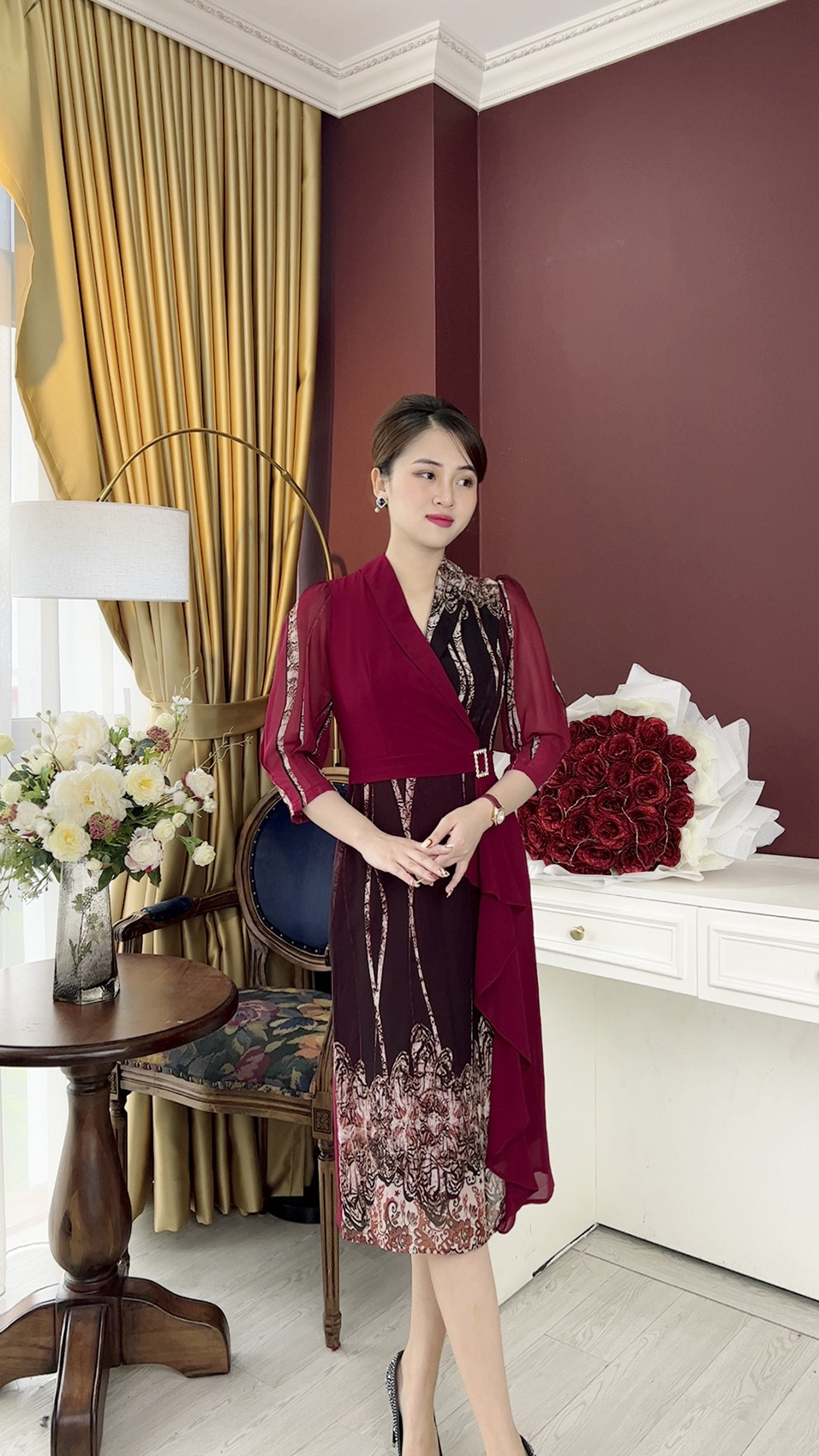 Linh Trà - Đầm Trung Niên Dáng Dài [TM955] Trẻ Trung Thiết Kế Trang Nhã Thanh Lịch Đi Làm Đi Tiệc Cho Bà Cho Mẹ U40 U50