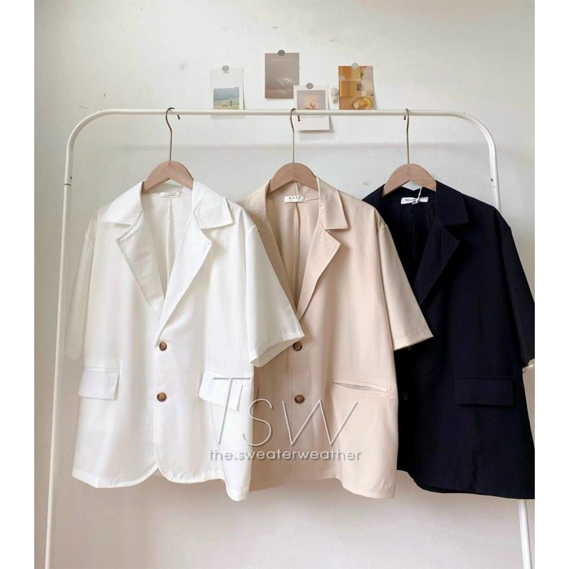 Hình ảnh Áo vest blazer nữ cộc tay chất mát dáng rộng 2 khuy cá tính