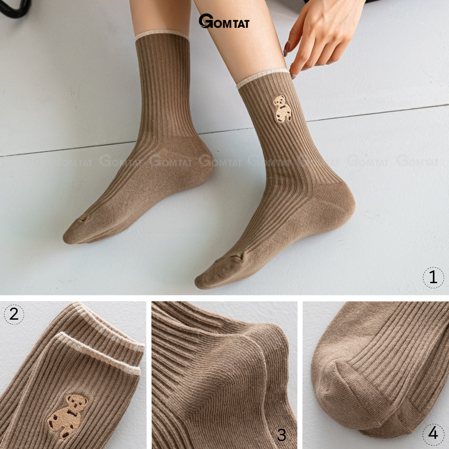 Set 5 đôi tất vớ nữ cổ cao GOMTAT mẫu hình gấu cao cấp, chất liệu dày dặn, hút ẩm, thoáng khí chống mùi - COCAO-HINHGAU
