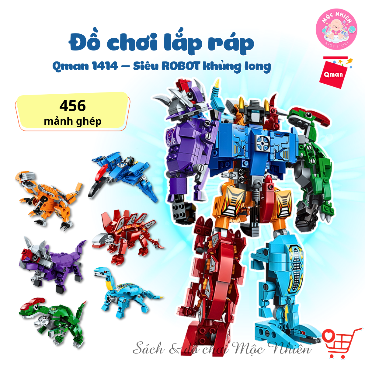 Đồ chơi lắp ráp xếp hình robot người máy Qman 1414 - Siêu Robot khủng long (456 mảnh ghép) dành cho bé trên 6 tuổi