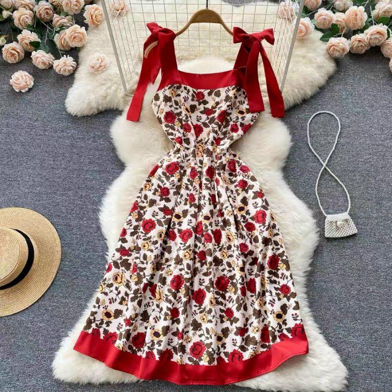 HÀNG NHẬP - ĐẦM XÒE LỤA 2 DÂY HOA ĐỎ