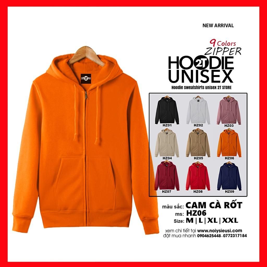 Áo hoodie zipper unisex 2T Store HZ06 màu cam cà rốt khoác nỉ dây kéo nón 2 lớp dày dặn chất lượng đẹp