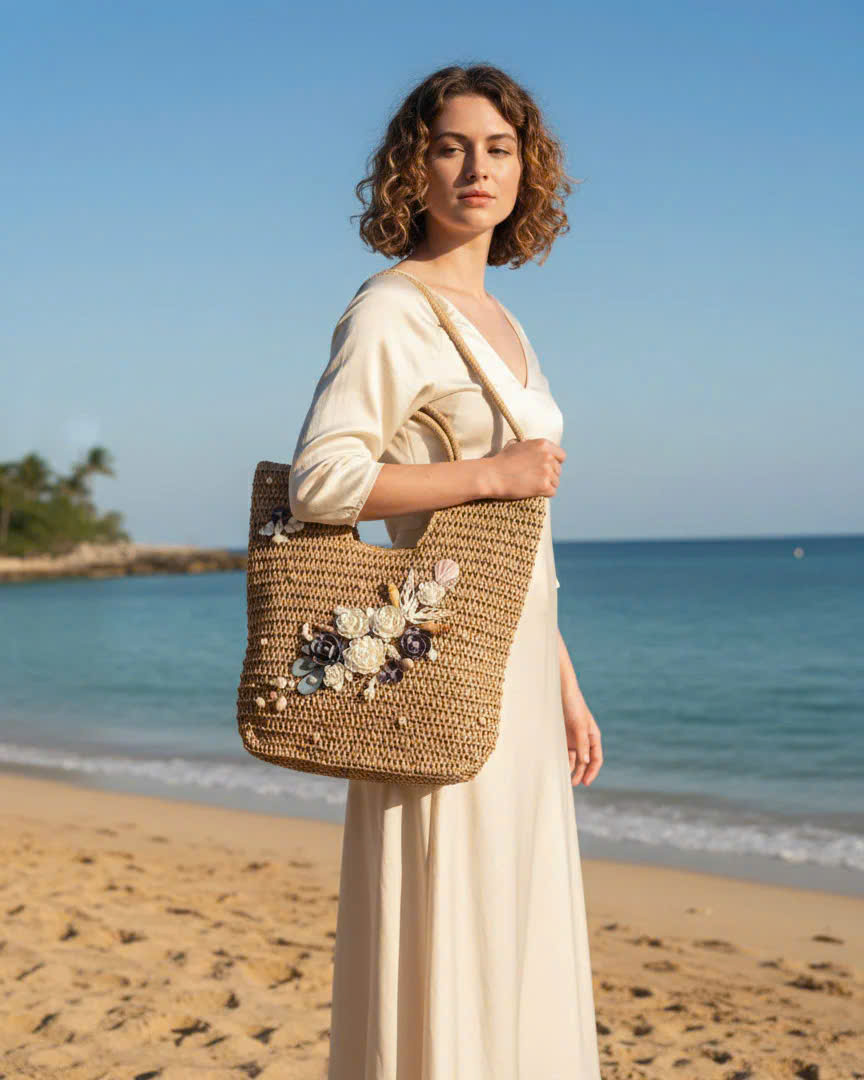 Giỏ Cói Giấy Mềm Dáng Tote Gắn Vỏ Sò, Giỏ Cói Tote Lan Châu ACC142