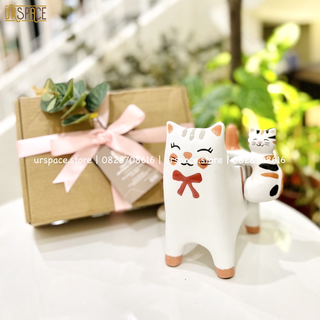 Chậu trồng cây mini để bàn URSPACE trang trí decor góc làm việc - PRINCESS Cat Ceramic Plant Pot Planter