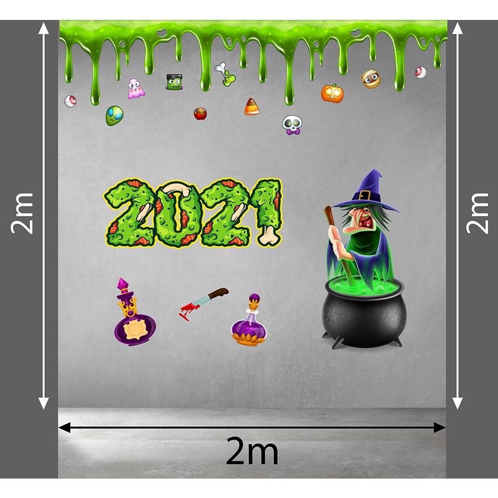 DECAL TRANG TRÍ HALLOWEEN 2021 COMBO PHÙ THỦY VÀ CHẤT DÌNH XANH