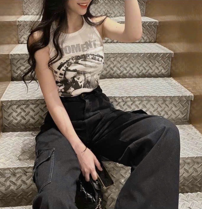 SET QUẦN JEANS ỐNG RỘNG LƯNG CAO DÀI SUÔNG TÚI HỘP TRƠN ĐEN + ÁO CROPTOP 3 LỖ ÔM BODY ĐI TIỆC DẠO PHỐ ĐI CHƠI ĐI BIỂN