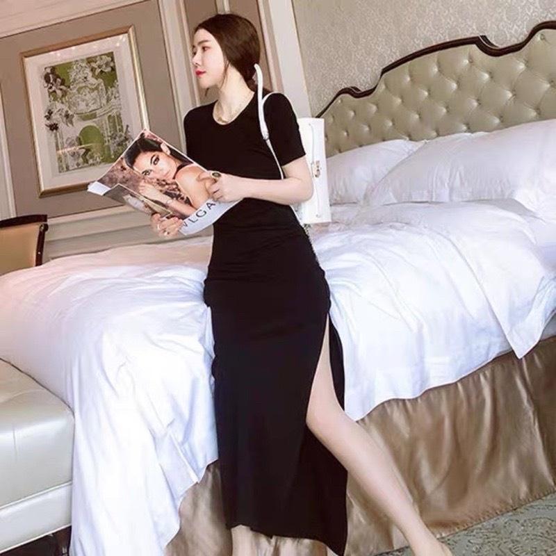 Váy Body Đen Dáng Dài Xẻ Tà, Đầm Body Nữ