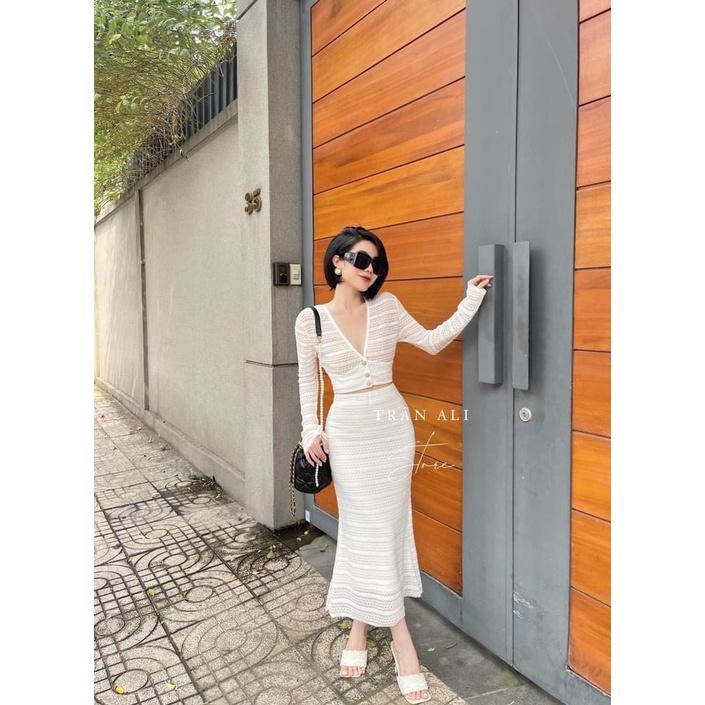SET REN TRẮNG CỔ V MIX CHÂN VÁY