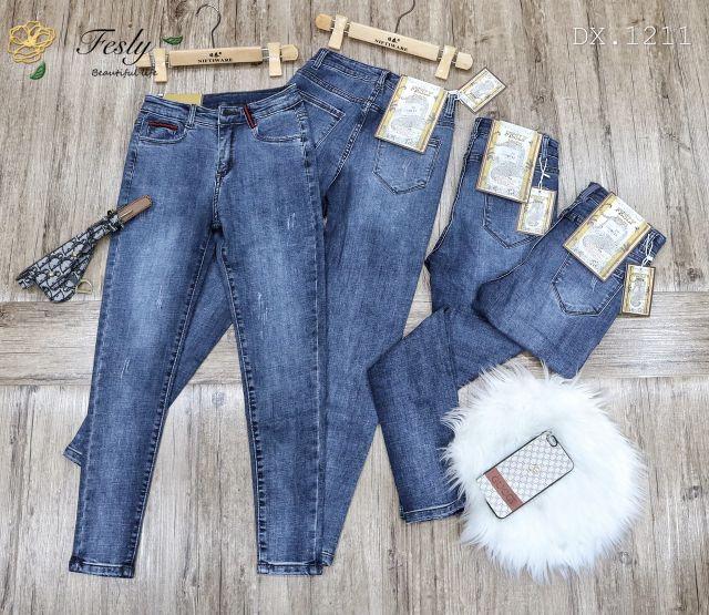 Quần Jean Nữ Xanh Xước Nhấn Cạp Lưng Cao
