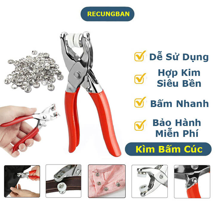 Kìm Bấm Cúc Vành Áo Kim Loại Đa Năng Bộ Kìm Bấm Khuy Kèm Cúc Bấm 9.5mm Thép Không Gỉ, Khoen Ore Quần Áo Tiện Lợi