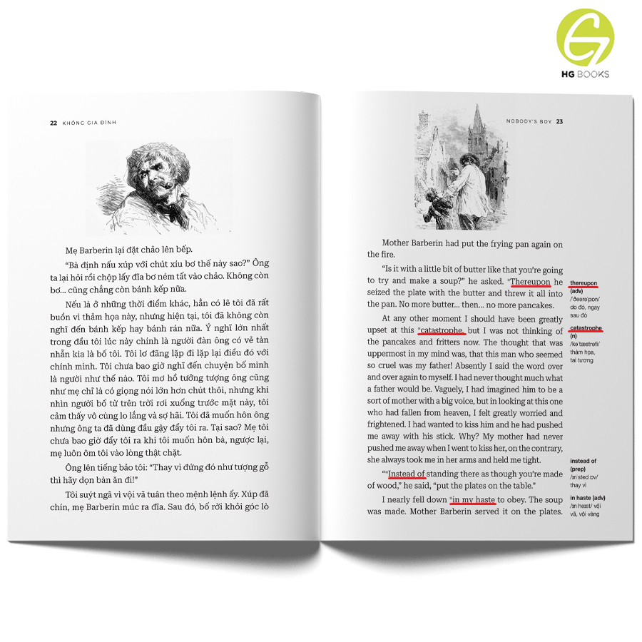 Sách - Không gia đình - Sách song ngữ văn học kinh điển, tặng kèm file nghe &amp; note từ vựng, combo 2 cuốn - HG Books