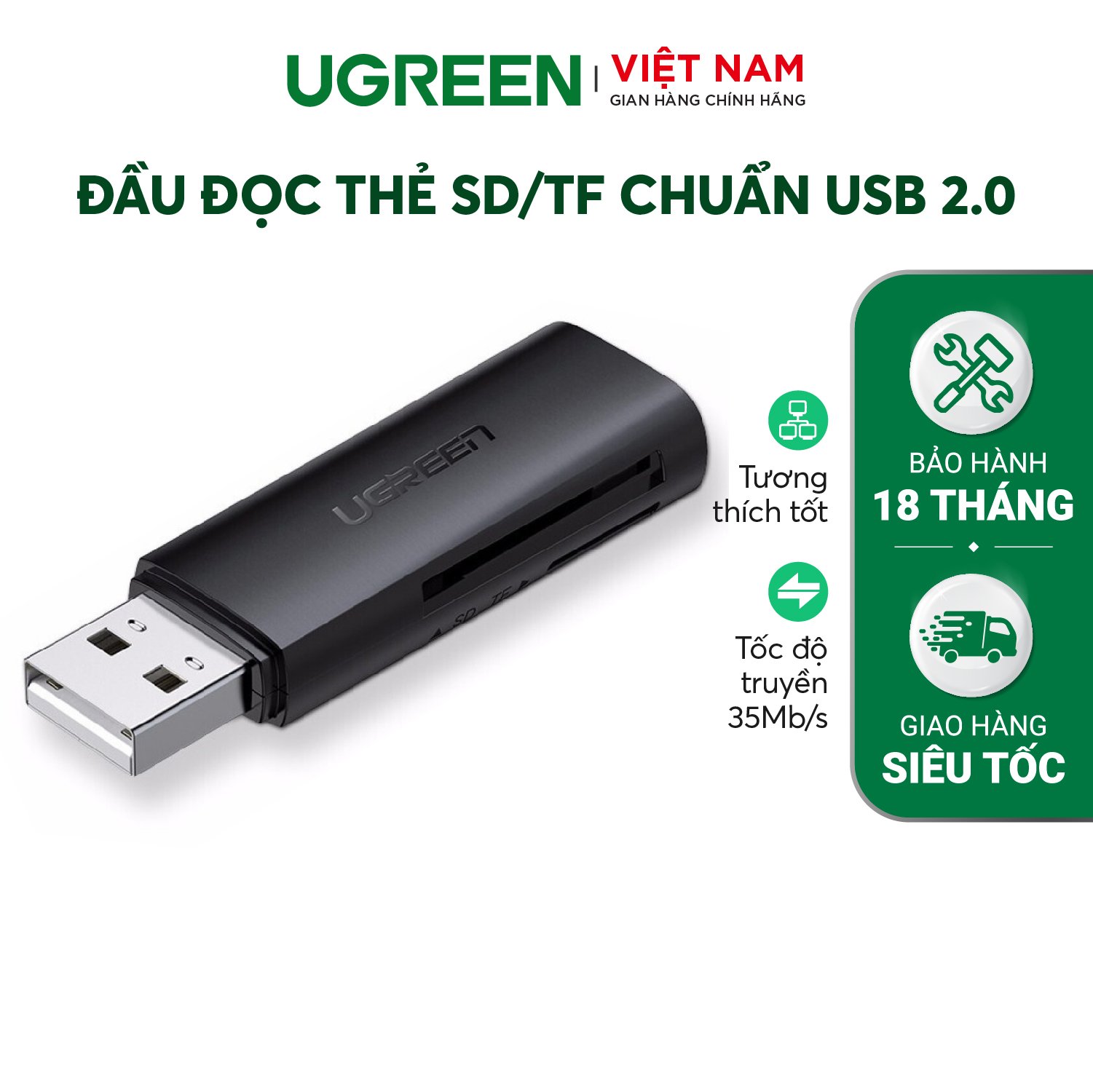 Đầu đọc thẻ SD/TF chuẩn USB 2.0 UGREEN CM180 60721 - Hàng chính hãng