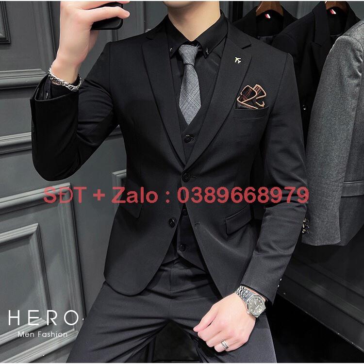 Bộ Vest Nam Cao Cấp Hàn Quốc Màu Đen, Chất Vải Sịn Sò, Cạp Quần Có Tăng Chỉnh Size. Suit Nam Màu Đen