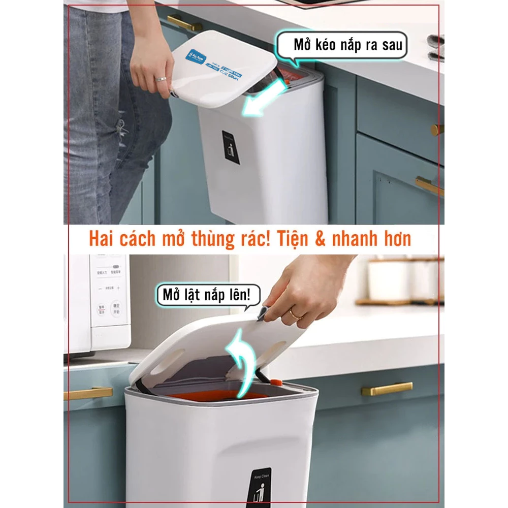 Thùng rác treo tủ bếp 9L, thùng rác nắp lật nắp đậy thông minh nhựa PP cao cấp (có ruột &amp; quai xách) Bếp Xanh BX-PTC3000