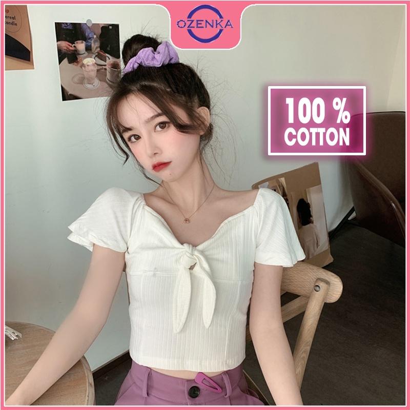 Hình ảnh Áo croptop ngắn tay cánh tiên nữ, áo thun ôm trễ vai gợi cảm nữ tính thun gân 100% cotton đen trắng dưới 50kg