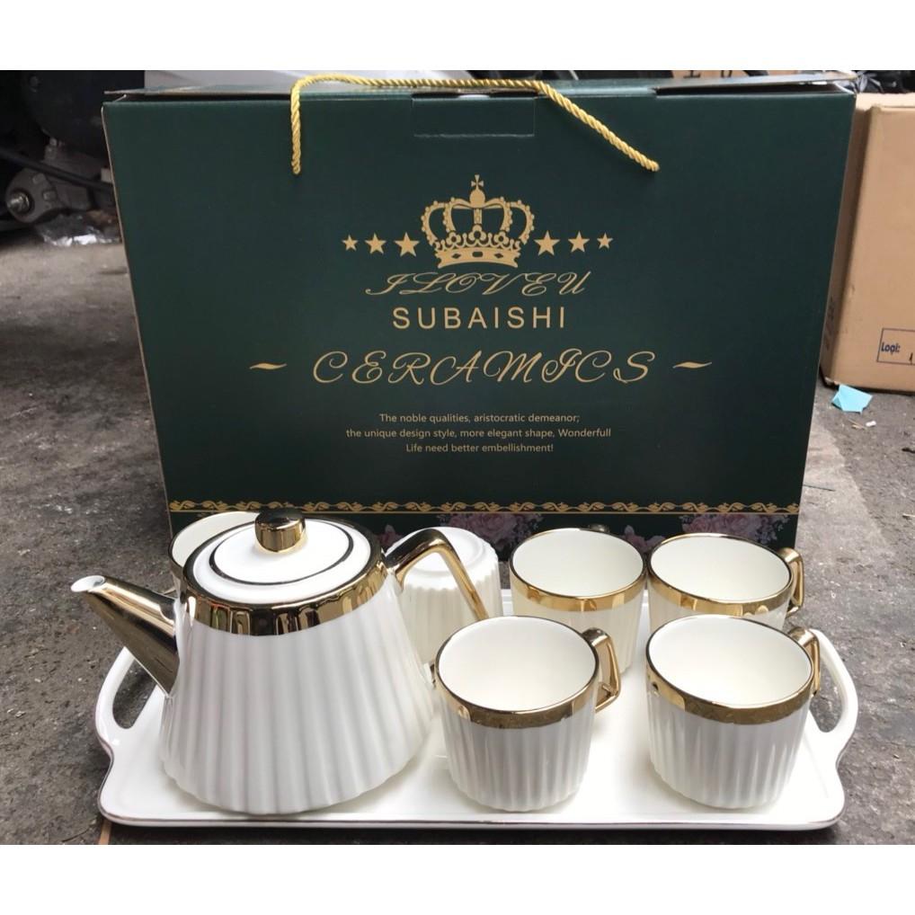 Bộ ấm chén sứ trắng sọc viền vàng