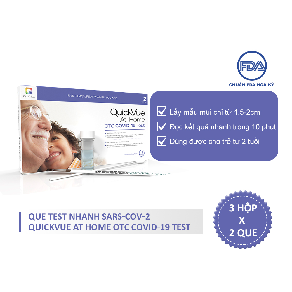 Combo 3 hộp QuickVue Covid-19 Test nhanh tại nhà - Hộp 2 kit (lấy mẫu mũi chỉ 1.5 - 2cm) - Hàng Mỹ chính hãng