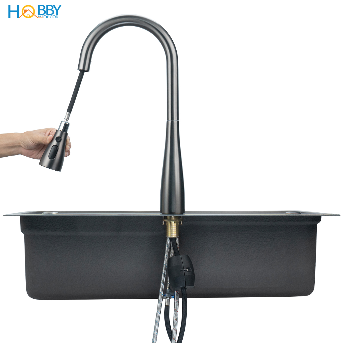 Vòi rửa chén nóng lạnh dây rút 3 chế độ Hobby home decor VDR7 Inox 304 sơn xám